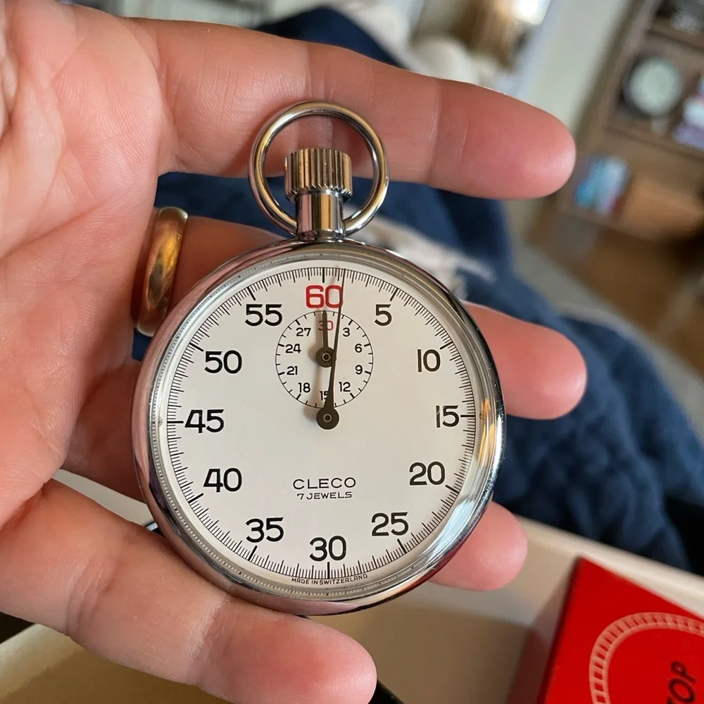 VTG Cleco Silver Stopwatch by Clebar Watch Co New York in original box.